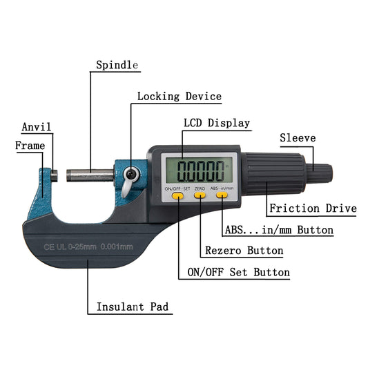 Beslands micrometer digital caliper 0-25mm/0.001mm high precision electronic digital micrometer micrometer caliper length measuring tool micrometer 0.001mm(0.00005")