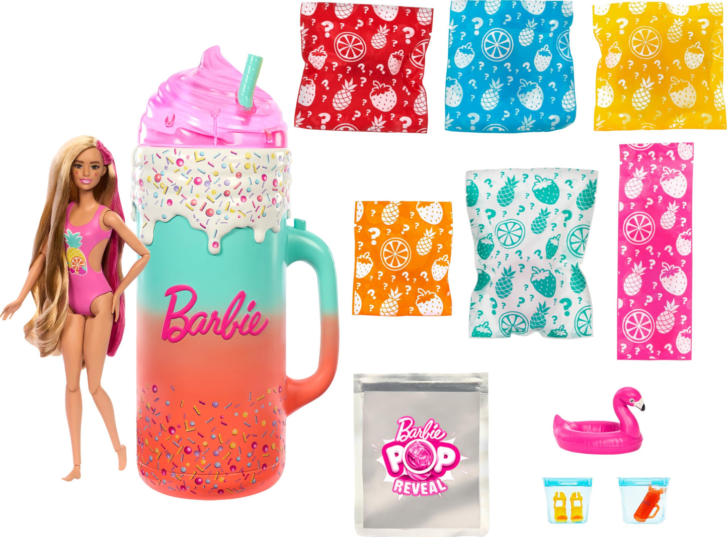 BARBIE Pop Reveal Rise & Surprise Gift Set - includes over 15 surprises, 1 Barbie doll, beach accessories, for fruity-fun playtime, for kids ages 3+, HRK57