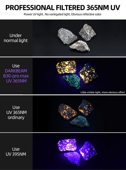 DARKBEAM UV Flashlight 365nm Ultraviolet Blacklight, LED light portable wood lamp, 36W powerful blacklight for detecting animal urine, leaks, minerals, uranium glass with 2 batteries, B30