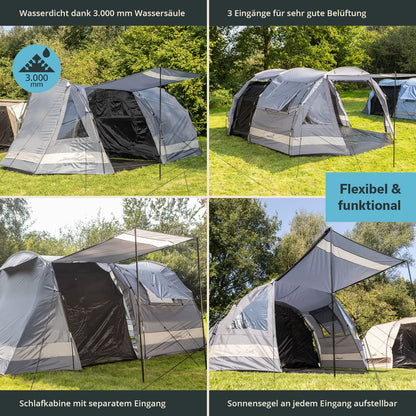Skandika Kambo tunnel tent for 4 people | tent with sleeping cabin for 4 men, waterproof with 3000mm water column, 3 entrances, sunshade, awning | camping tent in grey/beige
