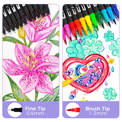 Artecho Dual Brush Pen Set 72 Colors with Black Carrying Case, Felt Tip Pens Thick and Thin, Brush Pens Set, Pens for Bullet Journal, Calligraphy, Manga, Coloring Books, and Hand Lettering.