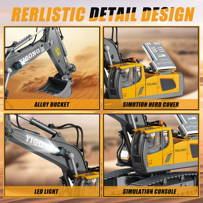 KIYTARBOO Remote Control Car Excavator Toy for ages 3 and up. Metal remote control sand vehicle, 11 channels, 2.4GHz RC excavator with lights and sound, 680° rotation. Great gift for boys aged 5-12.