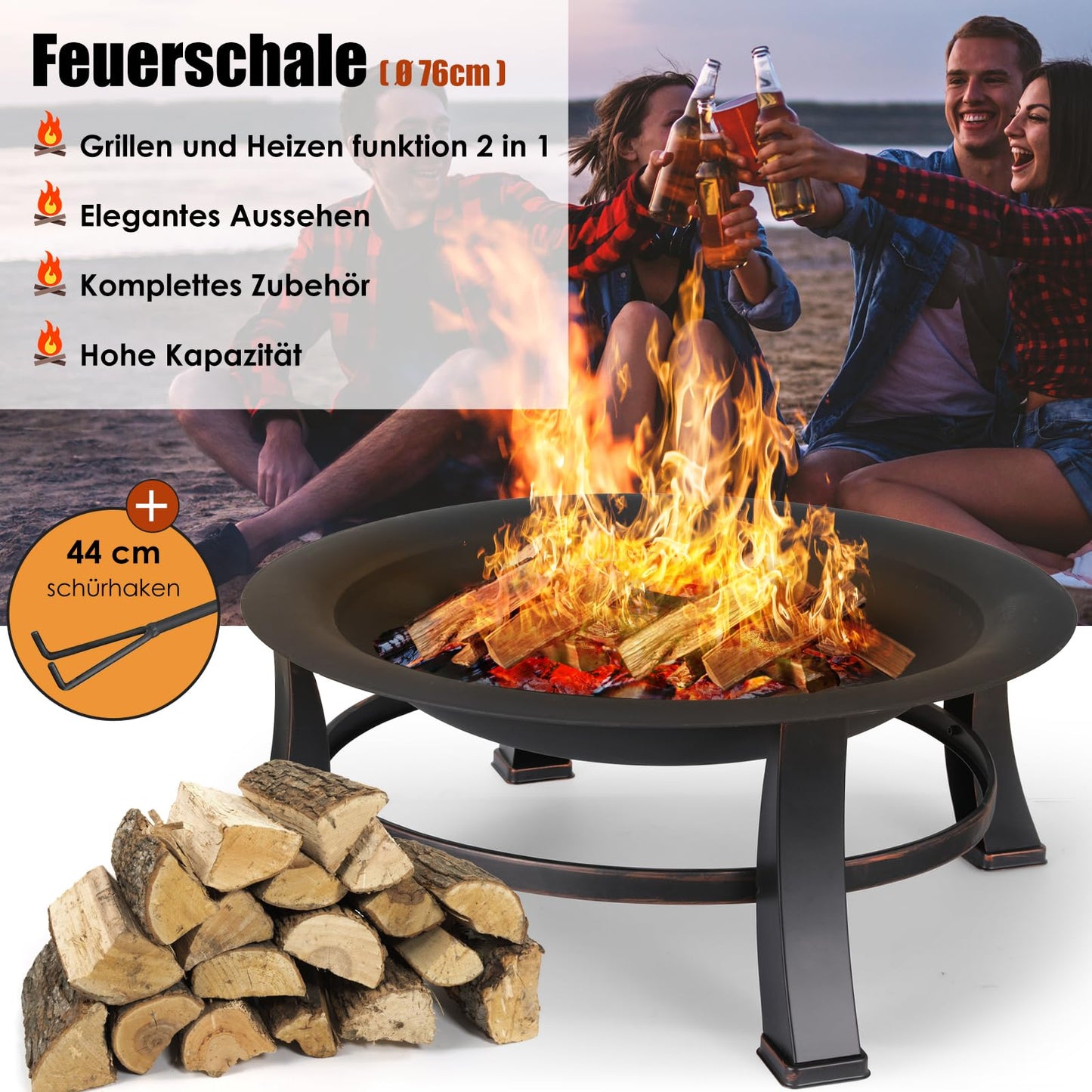 TLGREEN fire pit with spark protection, Φ76cm fire bowl with grill grate, retro-style fire pit for the garden, BBQ fire pit grill, stable and functional, black, large.