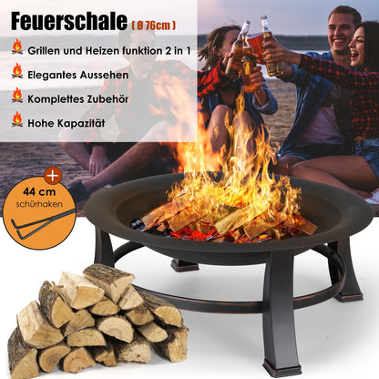TLGREEN fire pit with spark protection, Φ76cm fire bowl with grill grate, retro-style fire pit for the garden, BBQ fire pit grill, stable and functional, black, large.