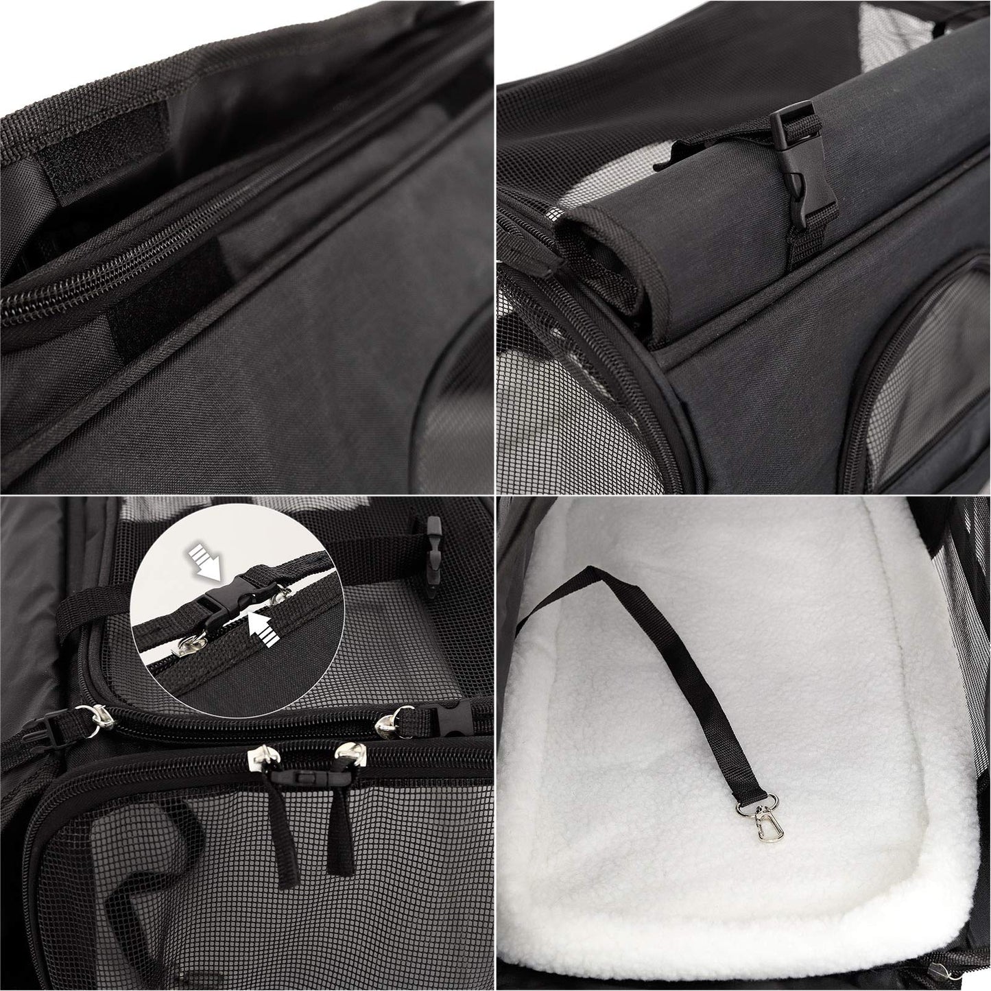 lionto foldable dog carrier for travel with handles & shoulder strap, 48.5x27x31.5 cm, made of durable Oxford fabric & mesh, cat carrier with soft cushion for plane, black