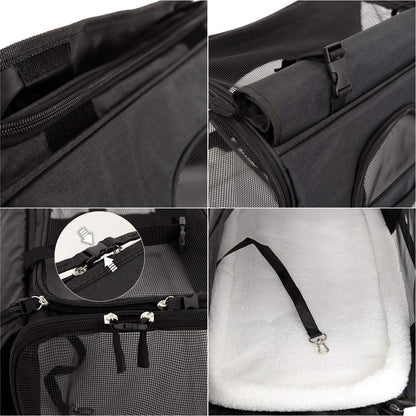 lionto foldable dog carrier for travel with handles & shoulder strap, 48.5x27x31.5 cm, made of durable Oxford fabric & mesh, cat carrier with soft cushion for plane, black
