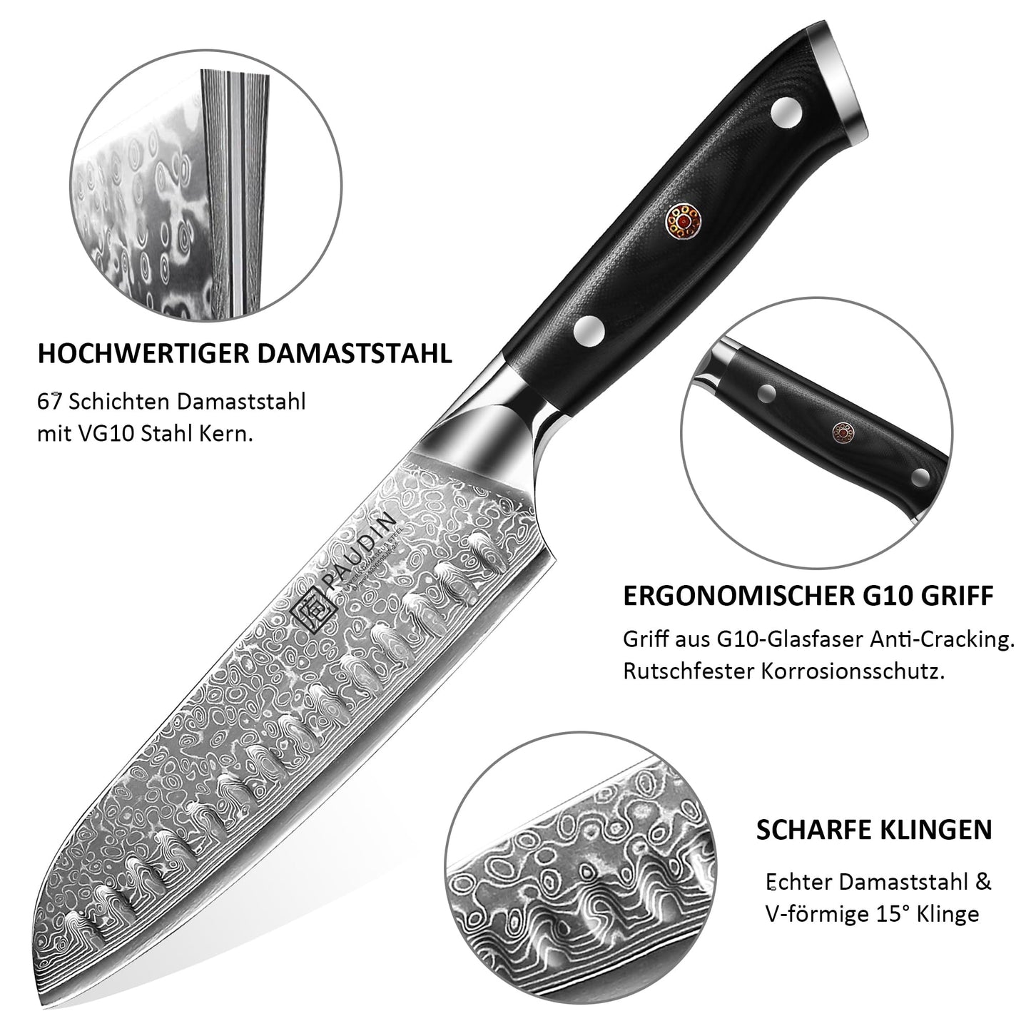 PAUDIN Damascus knife set, 3-piece knife set with ultra sharp Santoku knife kitchen knife made of 67 layers of Damascus steel with a Japanese VG10 steel core, ergonomic G10 handle.