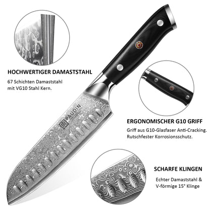PAUDIN Damascus knife set, 3-piece knife set with ultra sharp Santoku knife kitchen knife made of 67 layers of Damascus steel with a Japanese VG10 steel core, ergonomic G10 handle.