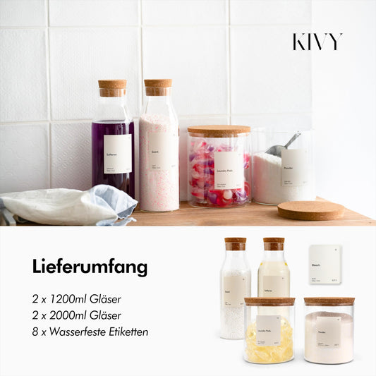 KIVY glass detergent dispenser 4-pack with labels - fabric softener storage laundry detergent storage liquid - liquid detergent dispenser - container for powdered detergent storage box organizer