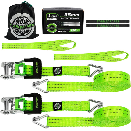 StarLeaparts 2-piece set ratchet tie-down straps, 6m x 35mm. Professional two-piece wheel straps, rated up to 2000kg. Ratcheting straps for car transport vehicle wheel security, Green.