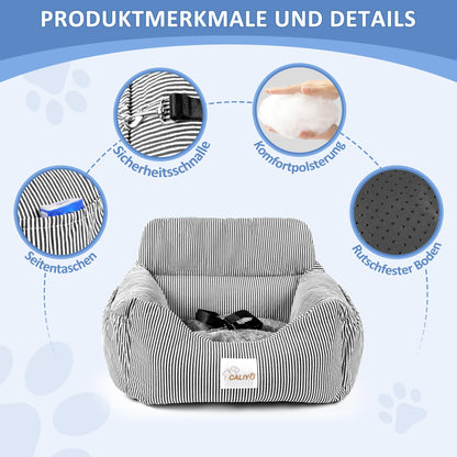 CALIYO dog car seat with sturdy base & safety belt | dog car seat for small up to 10 kg | memory foam seat cushion | waterproof, washable dog basket with storage bag (black/white)