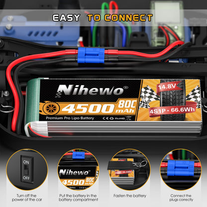 2 packs of 4S Lipo battery, Nihewo RC battery 14.8V 4500mAh 80C with EC5 plug. Compatible with 1/6 1/8 scale RC cars, trucks, planes, helicopters, boats, and tanks.