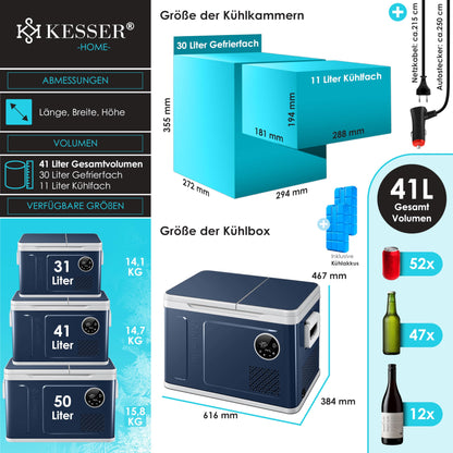 KESSER® Compressor Cooler Box 2in1 Dual Zone Cooling & Freezing Compartment 40 liters electric Freezer Box with 2x Cooling Packs & LED Touch Control | Refrigeration Cooling up to -20°C for Camping, Car, Truck 12/24V 230V