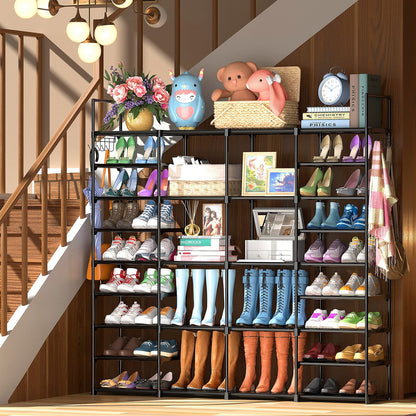 FINEW shoe rack with 9 levels, metal shoe shelves, large shoe rack for 64-72 pairs of shoes storage, 4 rows shoe cabinet with hooks for living room, dressing room, and hallway.