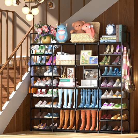 FINEW shoe rack with 9 levels, metal shoe shelves, large shoe rack for 64-72 pairs of shoes storage, 4 rows shoe cabinet with hooks for living room, dressing room, and hallway.