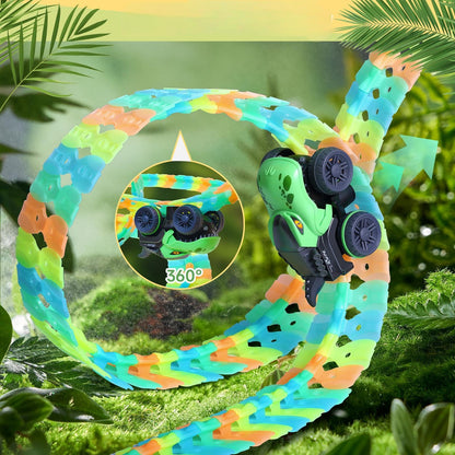 CREAMKIDS Dinosaur Race Track, Glow-in-the-dark track with suction cup, 2 dinosaur race cars with lights, Christmas and birthday gift for kids aged 3+ (291 pieces)