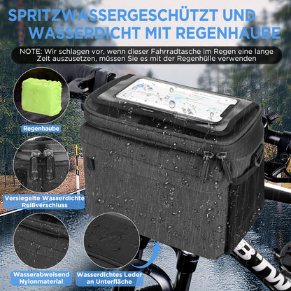 LEMEGO bike bag designed for e-bikes and bicycles, 5.3L capacity, waterproof handlebar basket with adapter. Features adjustable touchscreen phone holder and detachable shoulder strap.