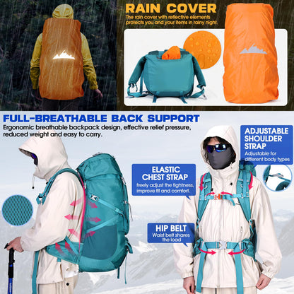 IGOLUMON trekking backpack 60L hiking backpack for men and women travel backpack large backpack with rain cover for camping trekking mountaineering outdoor travel, green