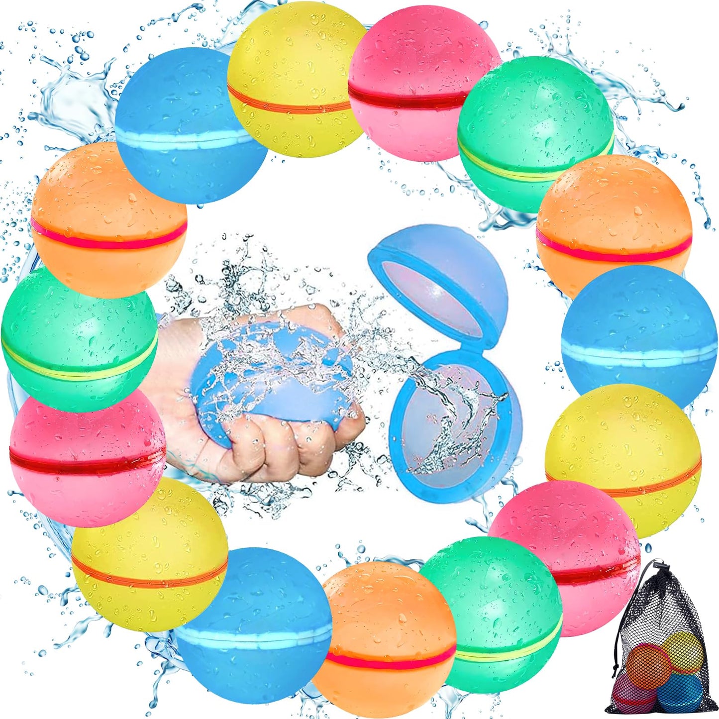 GUHAOOL 15pcs Reusable Water Balloons, Self-Sealing, Water Balloons Quick Fill with Mesh Bag, Silicone Water Balloons for Water Balloon Fights, Pool, Beach & Family Activities