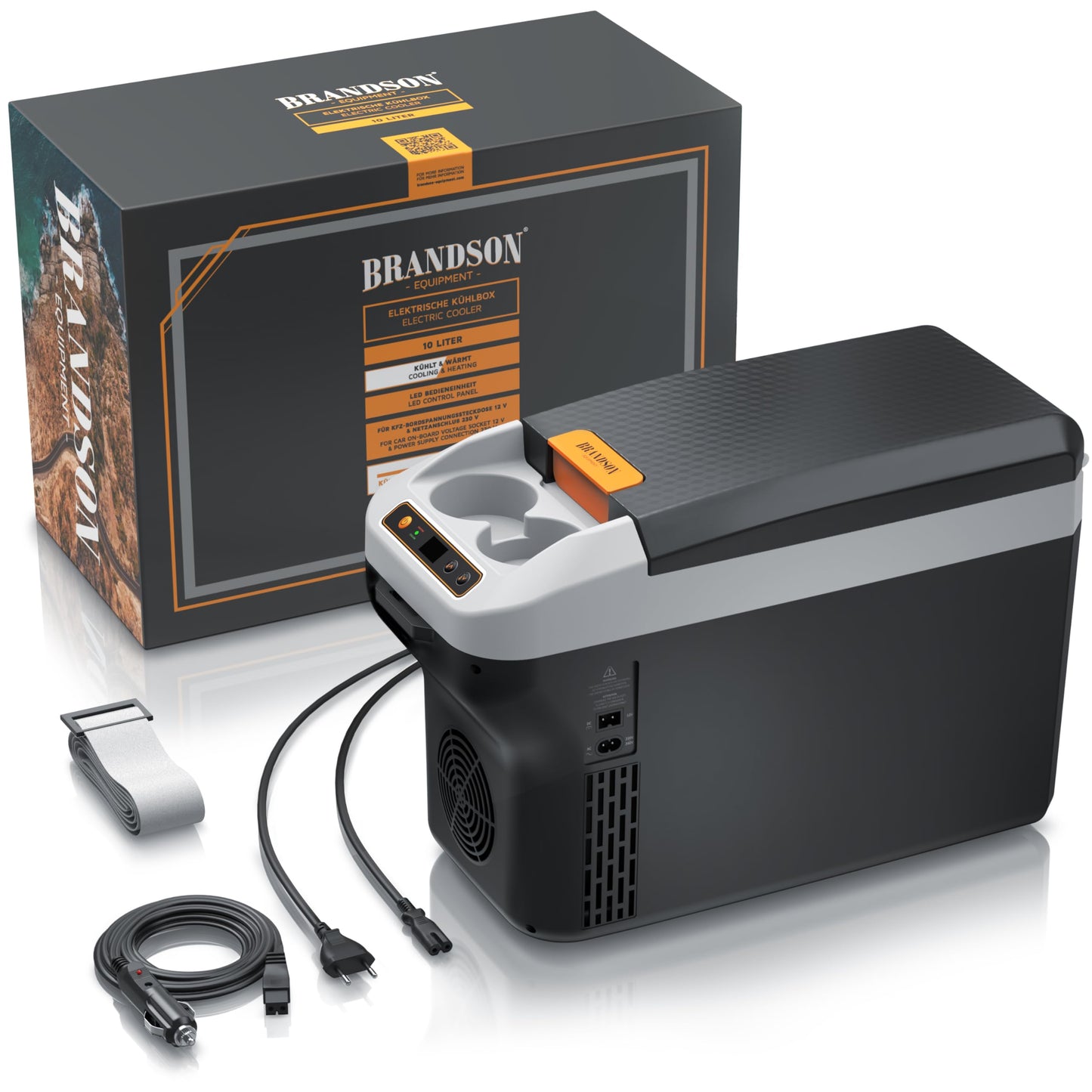 Brandson - Electric cooler box 10L - 230V mains voltage and 12V car battery voltage - cools and warms - heating up to 65°C max - cooling down approximately 20°C below ambient temperature - Cool Grey