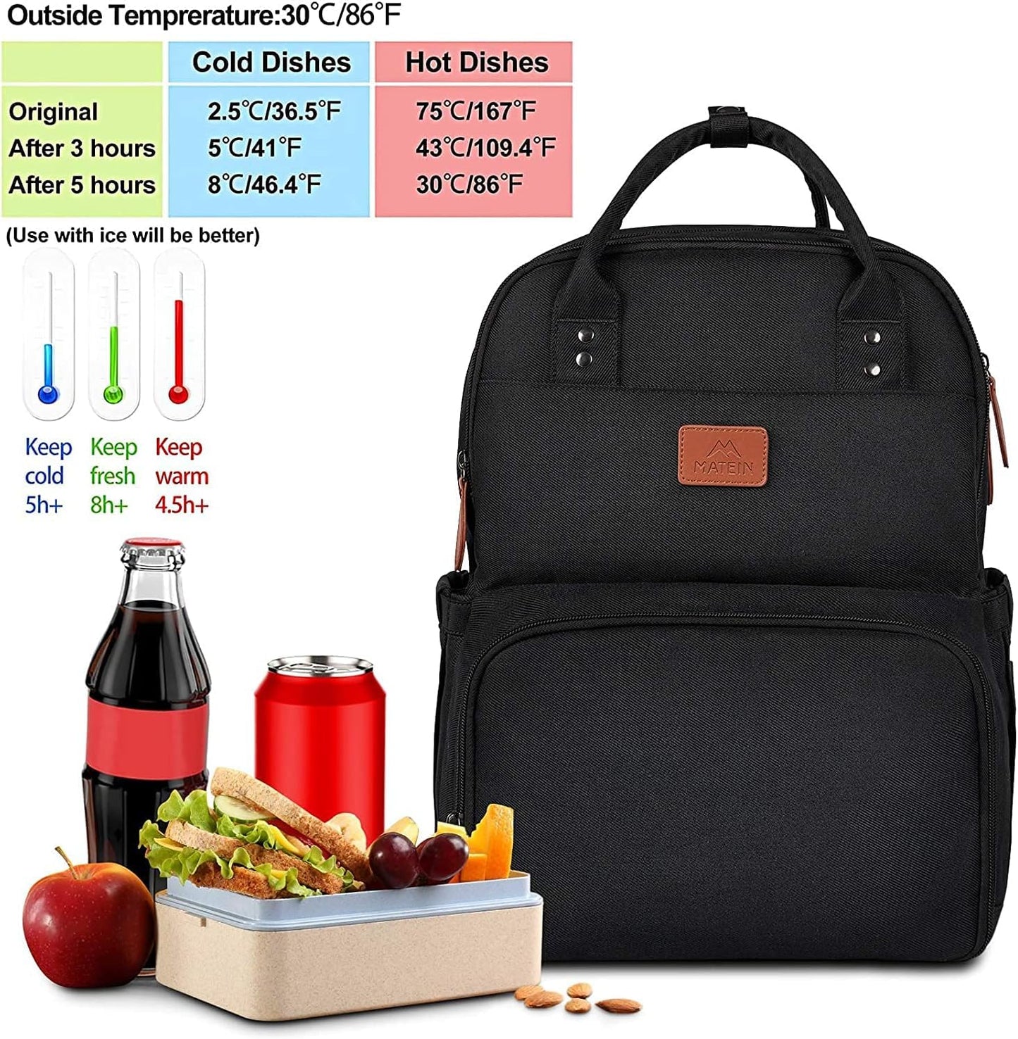 MATEIN Laptop Lunch Backpack, Picnic Backpack with Insulated Cooler Compartment, 17 Inch Ice Pack for Men and Women with USB Port, Lunch Bag for Camping Travel Business Work, Black