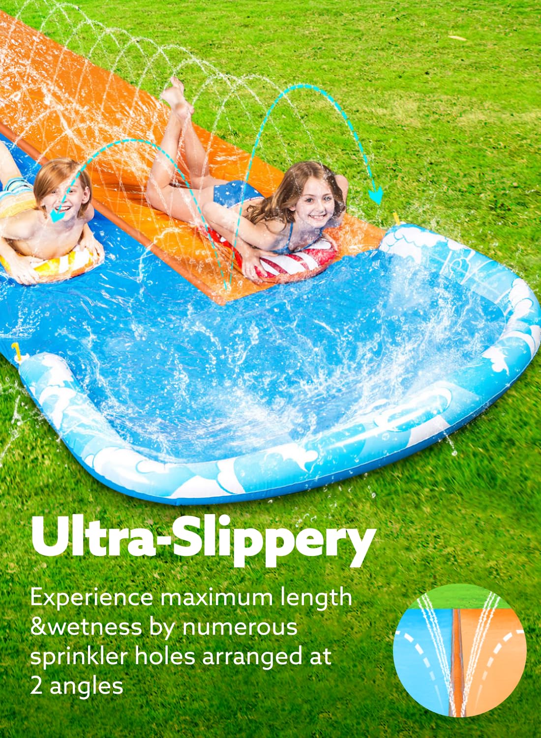 JOYIN 685 cm slide and water slide with 2 bodyboards, lawn water slide with built-in sprinkler for summer water fun in the garden for kids and adults.
