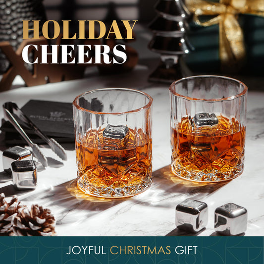Whiskey gift set: Whiskey glasses, stones, tongs, coasters, wooden box, velvet bag, history and recipe cards - accessory set, gift for men, husband, friend, by Royal Reserve.