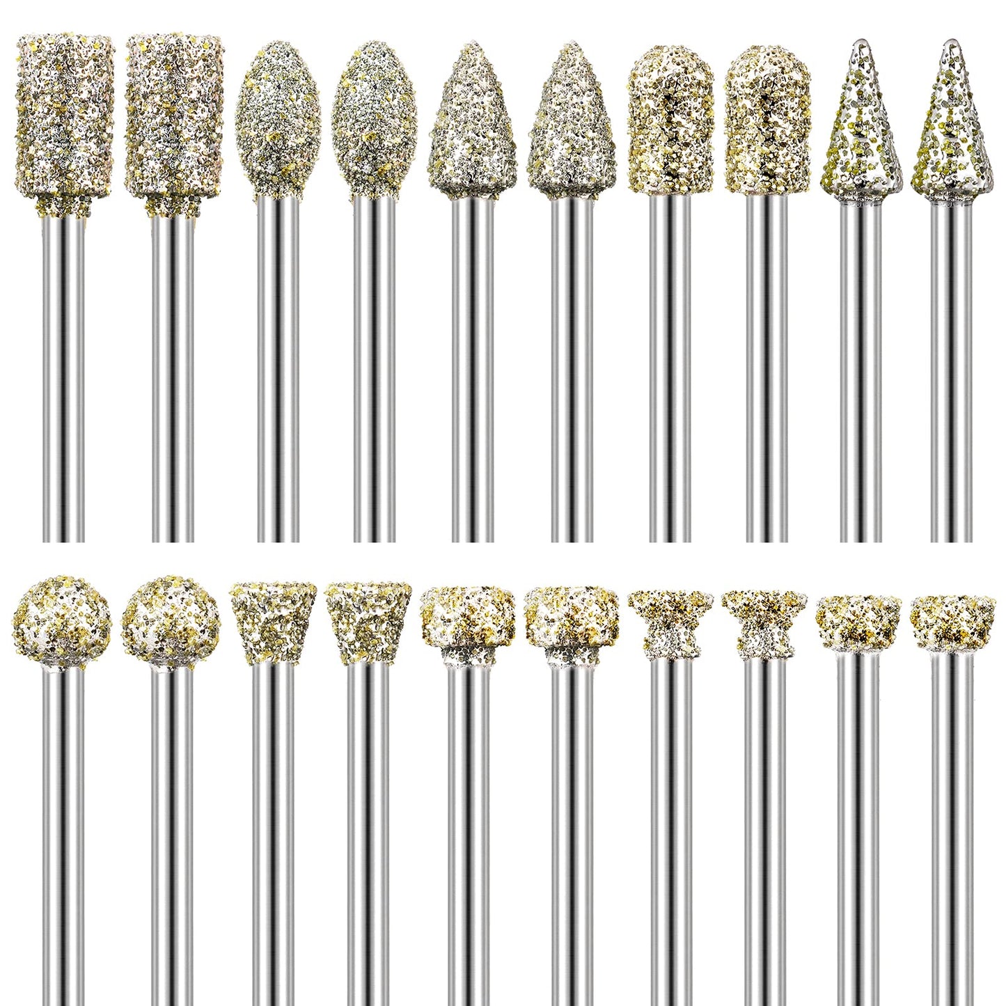 Diamond Burr Set, 20 pieces Diamond Burrs Grinding Bits for Dremel Rotary Tool Accessories with 1/8" Shank for Carving, Grinding, Polishing, Engraving on Stone, Glass, Ceramic