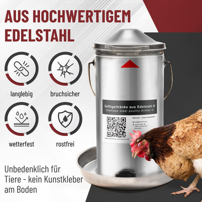 Chicken waterer 4 liters stainless steel: Poultry drinker metal easy cleaning | Heated chicken drinker compatible with candles + drink warmer for chickens.