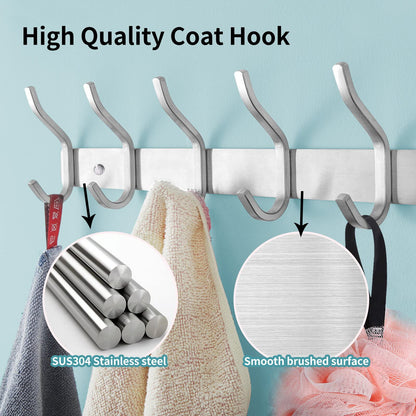 MEIJO stainless steel coat hooks, hook rail coat hooks wall with 6 hooks, wardrobe coat rack wall coat rack for bedroom bathroom kitchen (silver, 6 hooks 2 pieces)