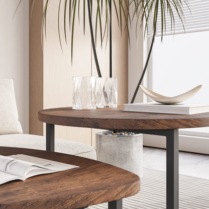 Round coffee table set of 2, side table set, sofa table, coffee table, metal base and heart-shaped wooden tabletop, industrial design, living room table, modern, black + brown.