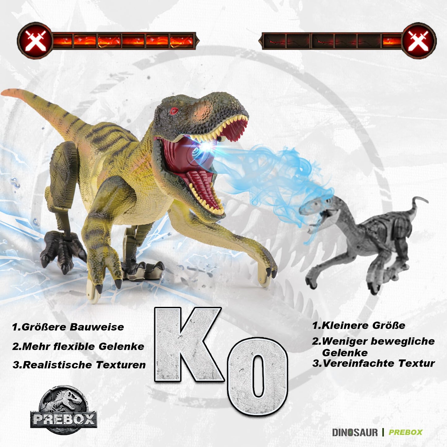 PREBOX Remote Control Dinosaur Toy for Boys, RC Dino Robot with Roaring, Spraying Function, Head and Tail Movements, Realistic Walking Movements, Gift for Kids 3-12 Years