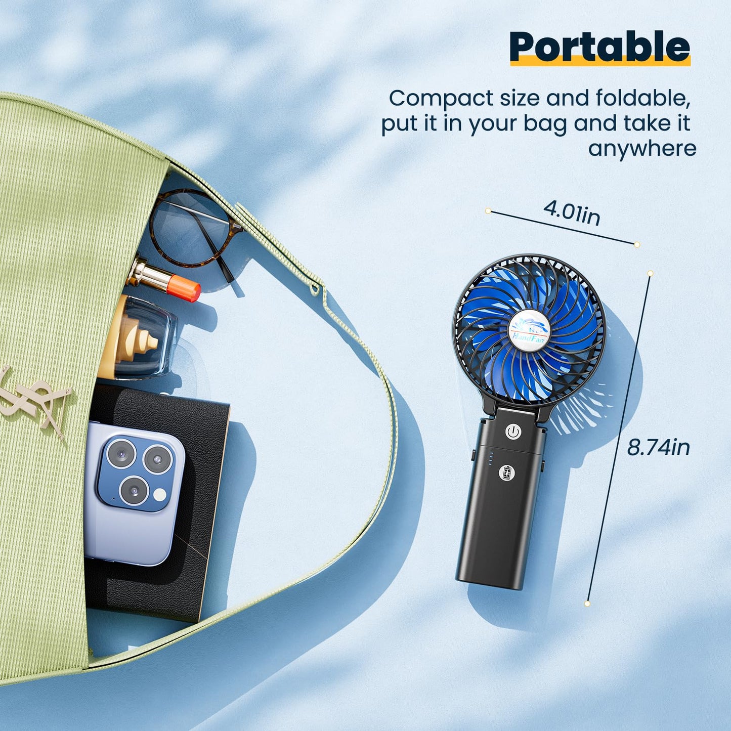 HandFan 5200mAh Battery Operated Handheld Fan Portable Hand Fan with Powerbank USB 180° Foldable Desktop Fan Personal 3 Speed Fan for Office Home Outdoor Camping Stroller