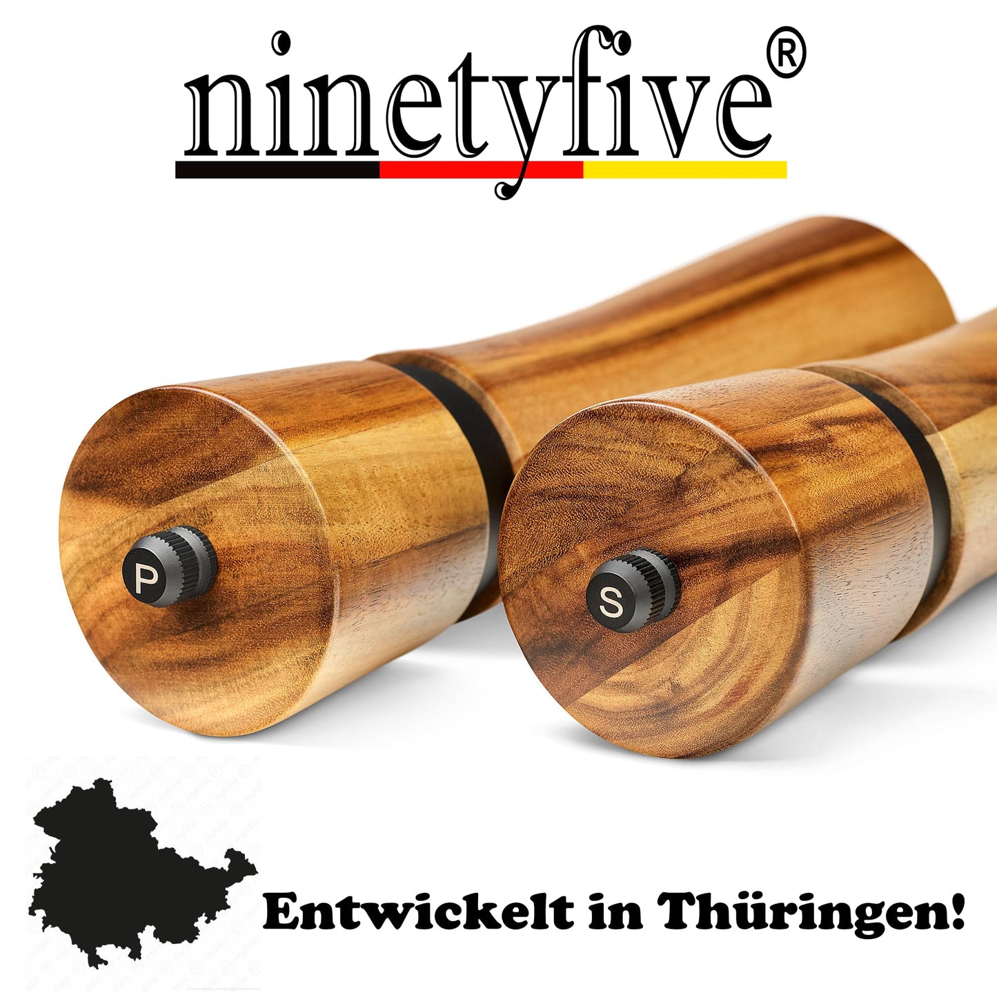 ninetyfive® premium wooden pepper mill set | salt and pepper grinder + coaster and filling spoon made of acacia wood | spice mills with ceramic grinder (21cm) | high-quality gift packaging