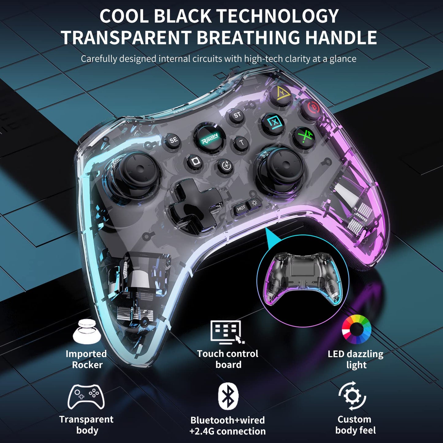 RALAN Wireless Controller with 8 colors LED lighting Compatible with Windows PC Gaming Gamepad Remote with 2.4G Adapter