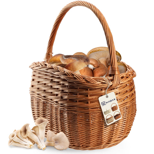 KADAX Willow Basket for Mushrooms, Oval Basket for Shopping, Sturdy Picnic Basket with Handle, Bottle Basket, Garden Basket, Carry Basket (Brown, 41x25x44cm)