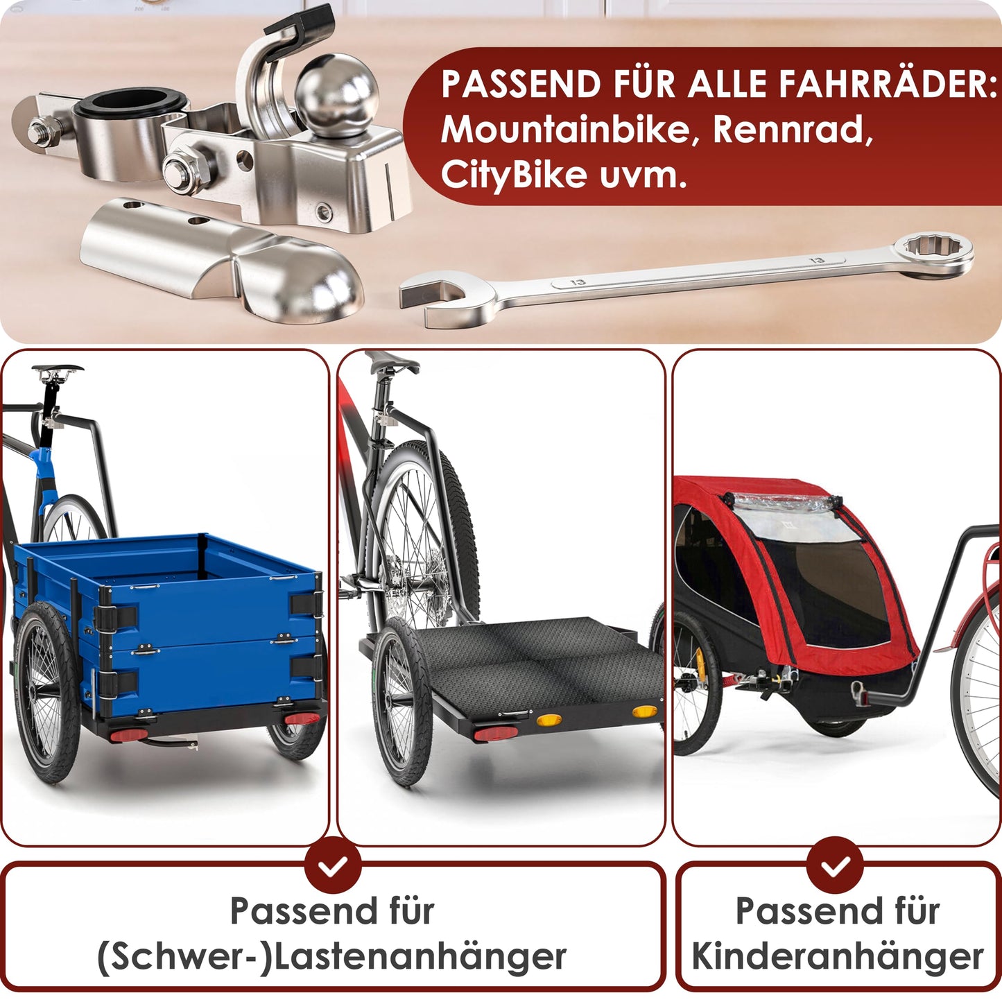 WEIDEBACH® stable bicycle trailer hitch made of galvanized iron, Ø 2.35 to 3.05 cm. Trailer hitch for all common seat posts, easy to mount.