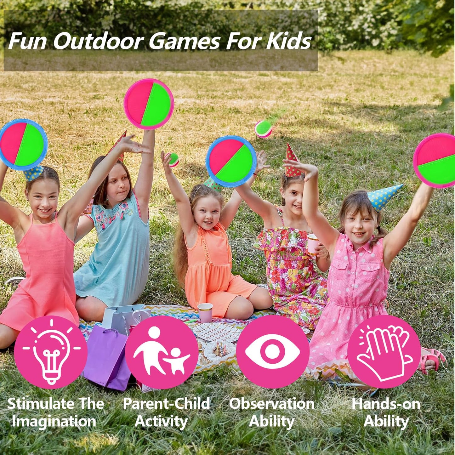 Jovico's Velcro Ball Toss Game, outdoor toy for kids, ages 3 4 5. Summer outdoor game with 4 discs and 4 balls.