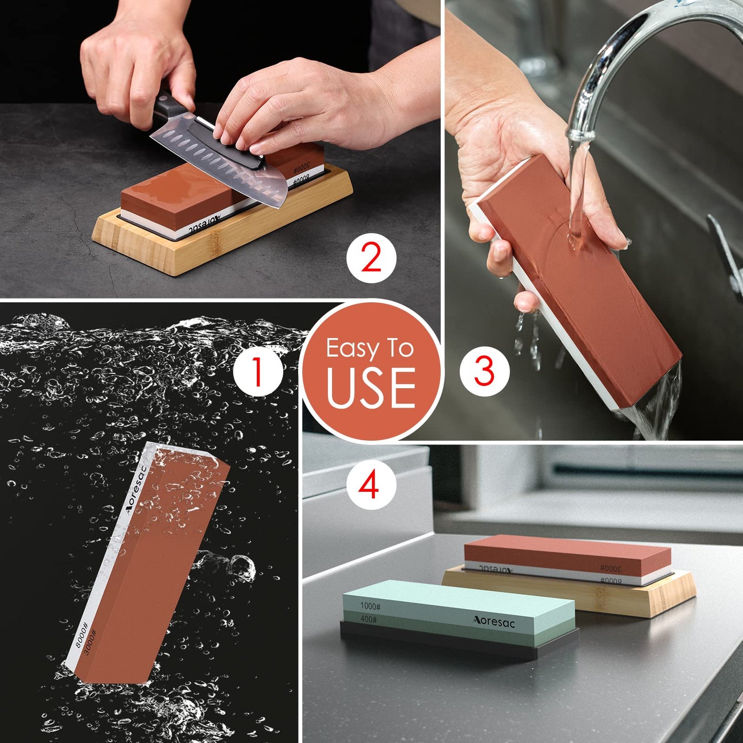 Aoresac Sharpening Stone Knife Set with Bamboo Base, includes sturdy sharpening stone and sharpening guide. Features 400/1000 and 3000/8000 double-sided sharpening stones.