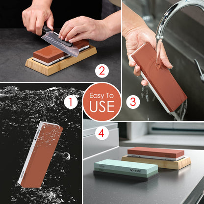 Aoresac Sharpening Stone Knife Set with Bamboo Base, includes sturdy sharpening stone and sharpening guide. Features 400/1000 and 3000/8000 double-sided sharpening stones.