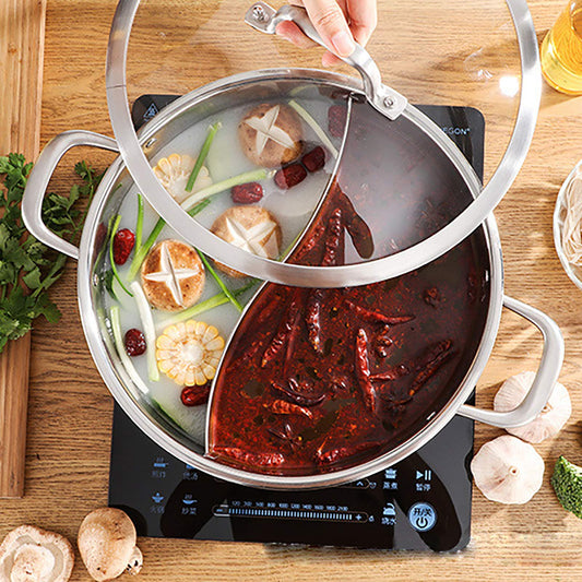 HuKaiL 304 stainless steel food grade Shabu 32cm, Shabu Mandarin Duck Hot Pot with divider and lid, S-Type stainless steel hot pot for induction cooker and soup cooker.