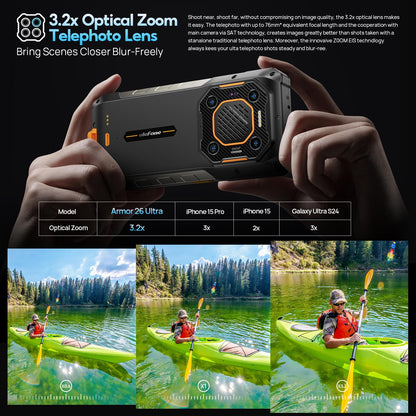 Ulefone Armor 26 Ultra 5G Outdoor Phone, 512GB+24GB 15600mAh/120W Dimensity 8020 200MP+50MP Camera 6.78” 120Hz 121dB IP68 Rugged Smartphone Android 13 Dual SIM Fingerprint ID/NFC 2 Year Warranty.