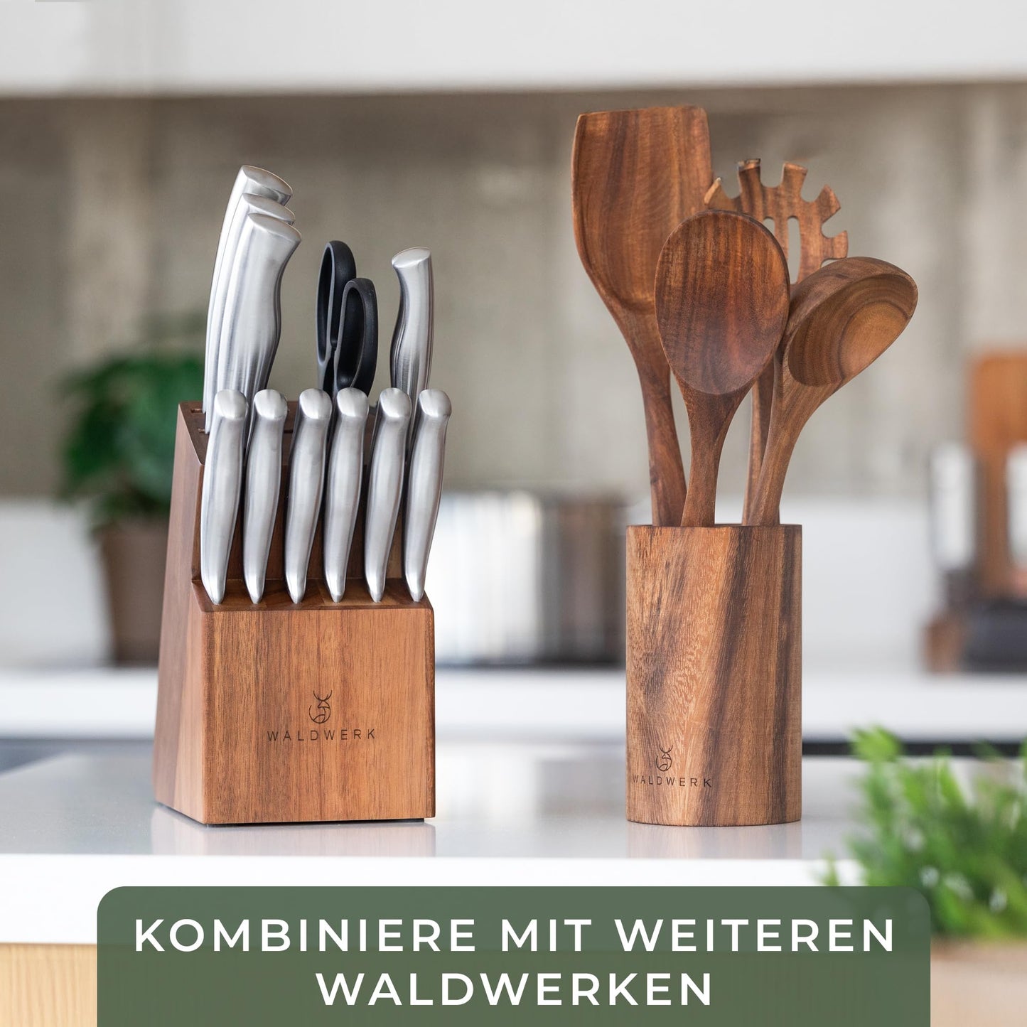 FORESTWORK kitchen utensil set made of teak wood - 4-piece cooking spoon set with spatula, wooden spoon, pasta server, and holder - wooden cooking spoons - wooden spatula - cooking utensil set