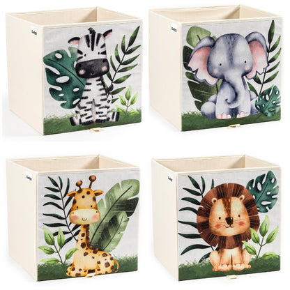 Gadgy Storage Box Kids - Storage Box Kids Room 4 Pack - Compatible with Kallax Kids Boxes - Foldable Kids Storage Boxes 33x33x33 cm - Animal-themed Kids Room Storage Boxes