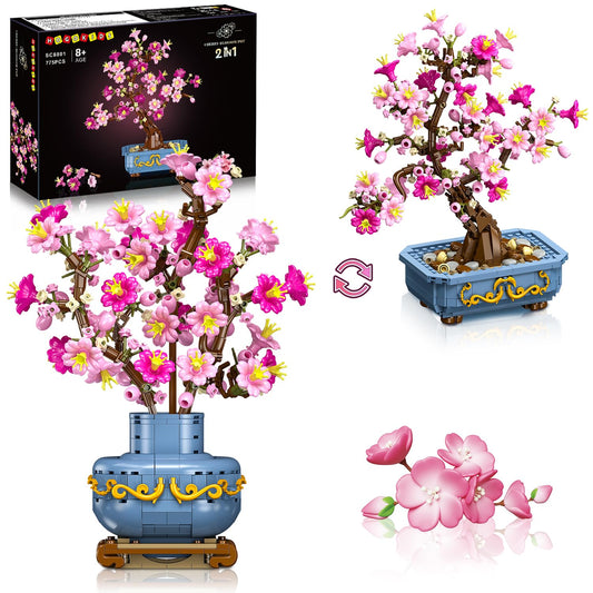 HOGOKIDS Flower Cherry Blossom Bonsai Building Set - 2 in 1 artificial bonsai building blocks home decoration exhibition cherry tree crafting botanical flower building toy birthday gift adult teen (775 pieces)