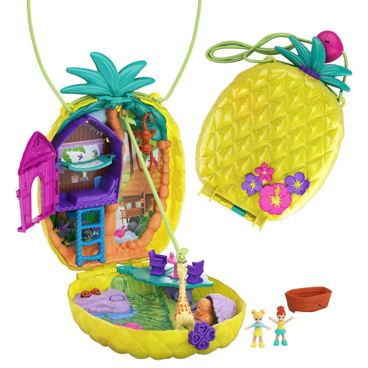 Polly Pocket GKJ64 - Pineapple Pocket Compact, portable, with 8 fun features, small dolls Polly and Lila, 2 accessories, and sticker sheet; Toy for kids 4 years and up.