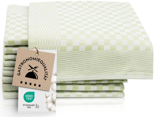 ZOLLNER Set of 10 cotton dish towels, 18x28 in – highly absorbent and durable kitchen towels – washable up to 140°F – green checkered – professional quality – Oeko Tex® certified