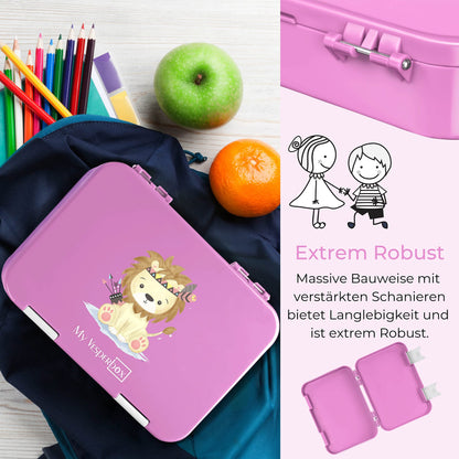 My Vesperbox - Len - Bento Box for Kids - Lunchbox with 4+2 compartments - extremely durable - sandwich box - ideal for kindergarten and school... (Pink - Native American lion with arrows)