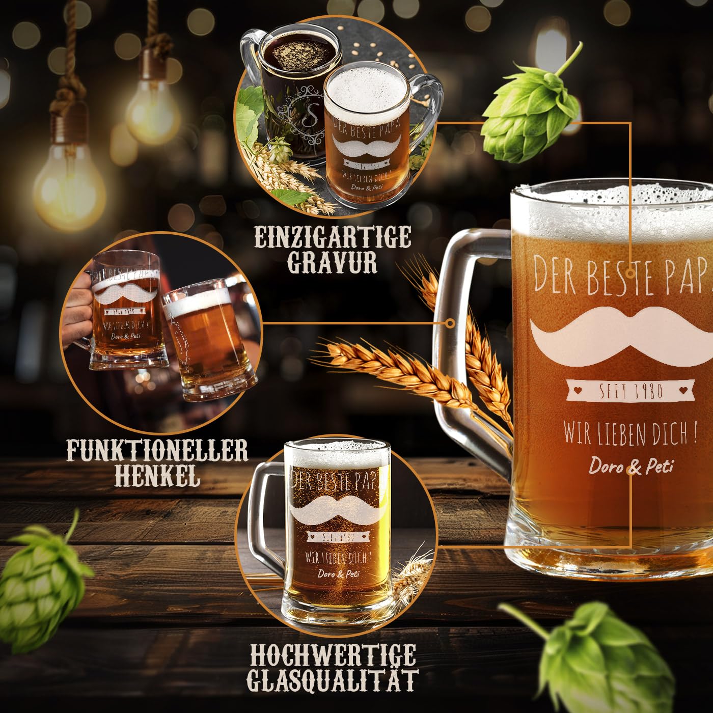 Maverton beer stein with engraving - personalized - 500 ml - Christmas gifts - Birthday gift for men - Gift idea for beer lovers - Mustache