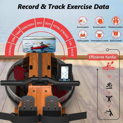 Wenoker Home Water Rowing Machine made of solid wood, foldable rowing machine with Bluetooth display, high-quality wood construction, double slide rails, max weight capacity of 150kg.